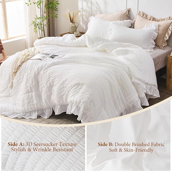 JOLLYVOGUE White Comforters Queen Size, 3 Pieces Ruffle Seersucker Queen - Image 5