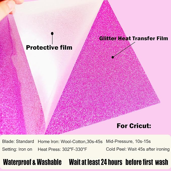 Pink Glitter Heat Transfer Vinyl Rolls Pink HTV Vinyl Iron 12inch x 5feet Iron - Image 7