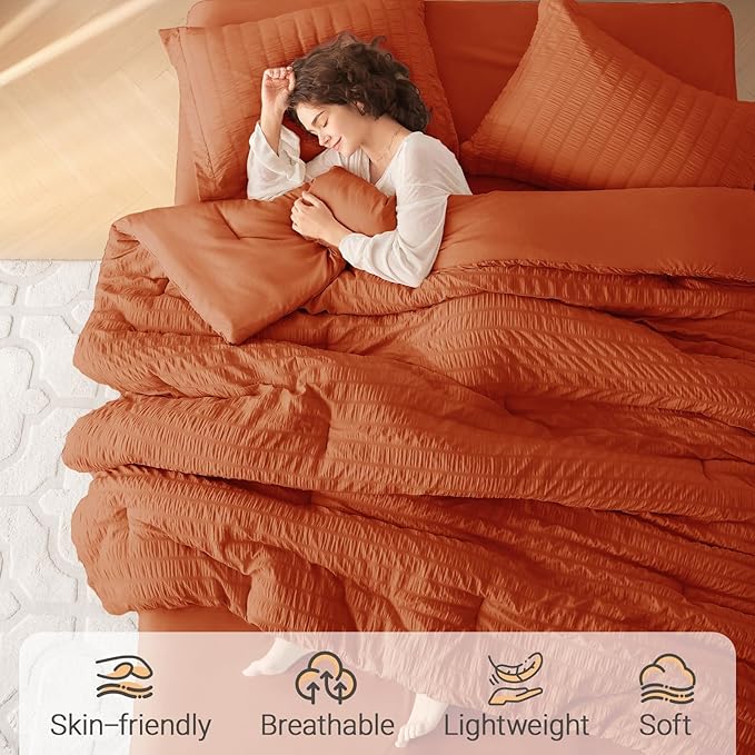MUXHOMO 7 Pieces California King Comforter Set, Seersucker Bed in a Bag Cal - Image 2