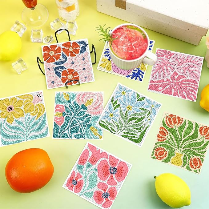 Gemozaic 8PCS Flowers Diamond Art Coasters Kits, Simple Floral Diamond Painting - Image 3