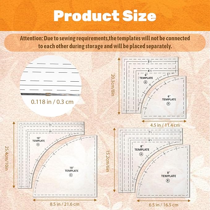 3 Set Quilting Templates, 10/8/6 Inch Clear Acrylic Quilting Rulers and - Image 2