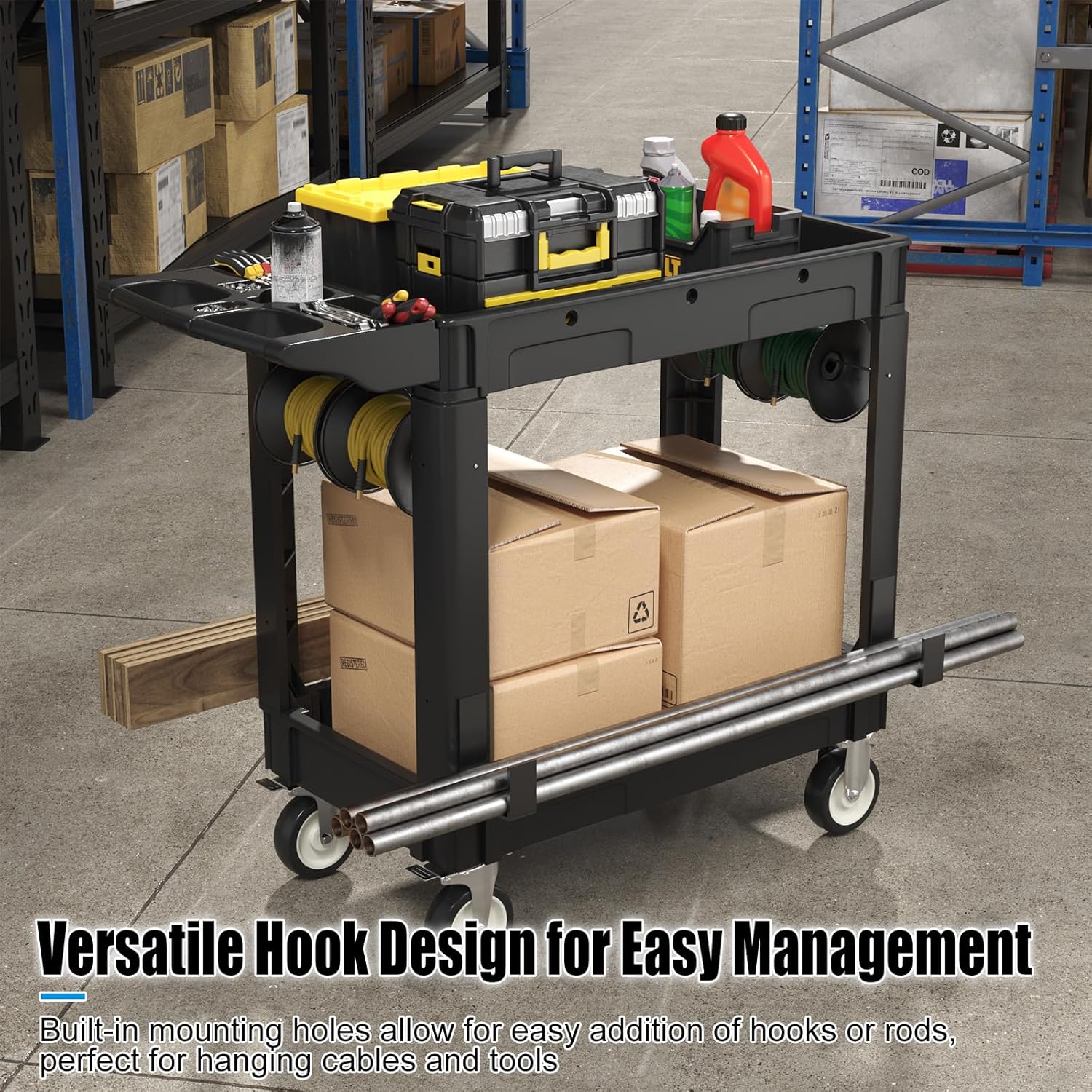 Heavy Duty Rolling Utility Cart with Wheels 2-Tier Utility Plastic Service Work Cart for Shop, Garage, Warehouse, Maintenance 550 lbs