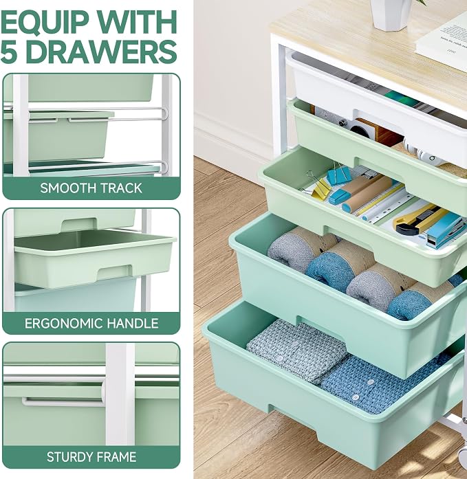 SYKIARIOL Utility Cart with 5 Drawers, Storage Cart with Wooden Tabletop and - Image 4