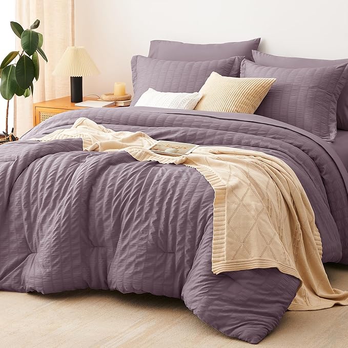 CozyLux Oversized King Comforter Set Dusty Purple Seersucker 7 Pieces 120x98 by CozyLux