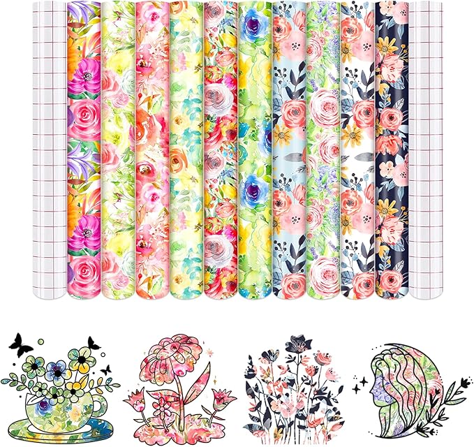 Flower Patterned Permanent Adhesive Vinyl 10 Sheets 12'' x 10'' | Watercolor by CraftingEveryday