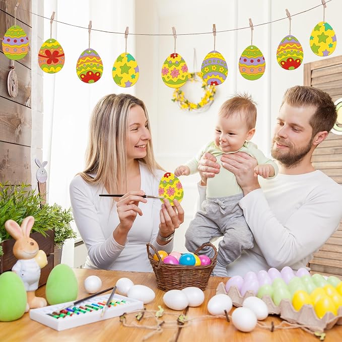 36PCS Wooden Easter Ornaments to Paint, 6 Styles DIY Blank Unfinished Wood Egg - Image 2