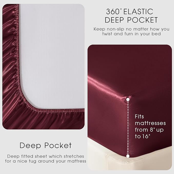 FreshCulture Satin Sheets Queen Size Bed Set- 4 Piece Luxury Soft Silky Queen - Image 4