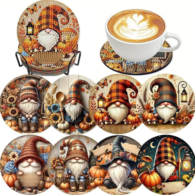 LWZAYS 8 Pcs 5D Autumn Gnome Diamond Art Coasters Kits by LWZAYS