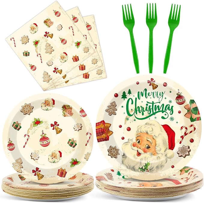 Qyeahkj 100 Pcs Christmas Xmas Party Paper Plates and Napkins, Vintage Holiday by Qyeahkj