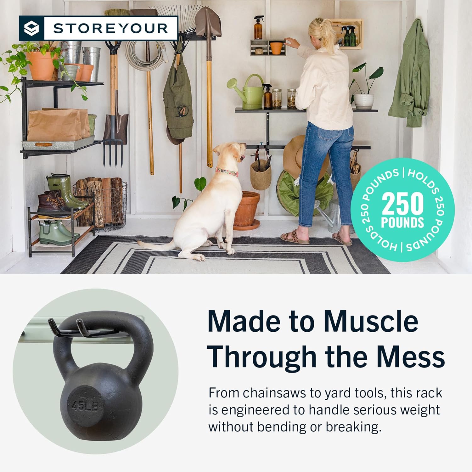 StoreYourBoard Wall-Mounted Rack With 4 Garage Hooks – Heavy-Duty Steel Holder Garage & Garden Storage for Shed, Workshop, or Home Organization – For Rakes, Shovels, Tools & More – 1 Pack, Cactus