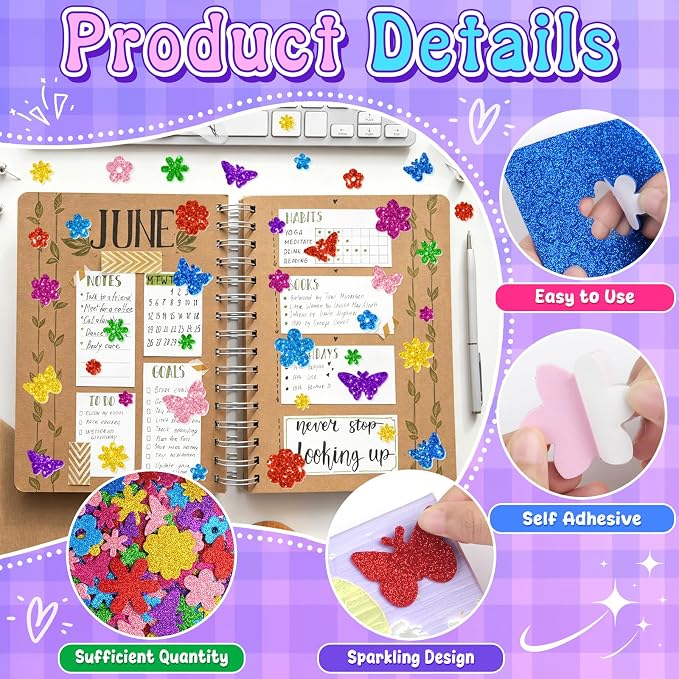 512 PCS Glitter Foam Stickers, Colorful Flower & Butterfly Shapes Foam Stickers - Image 3