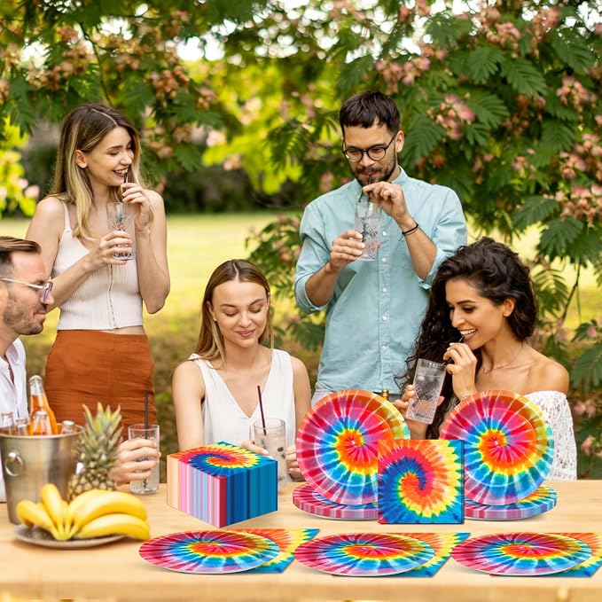 48Pcs 9In Tie Dye Plates and Napkins Rainbow Tie Dye Birthday Party Decorations - Image 6