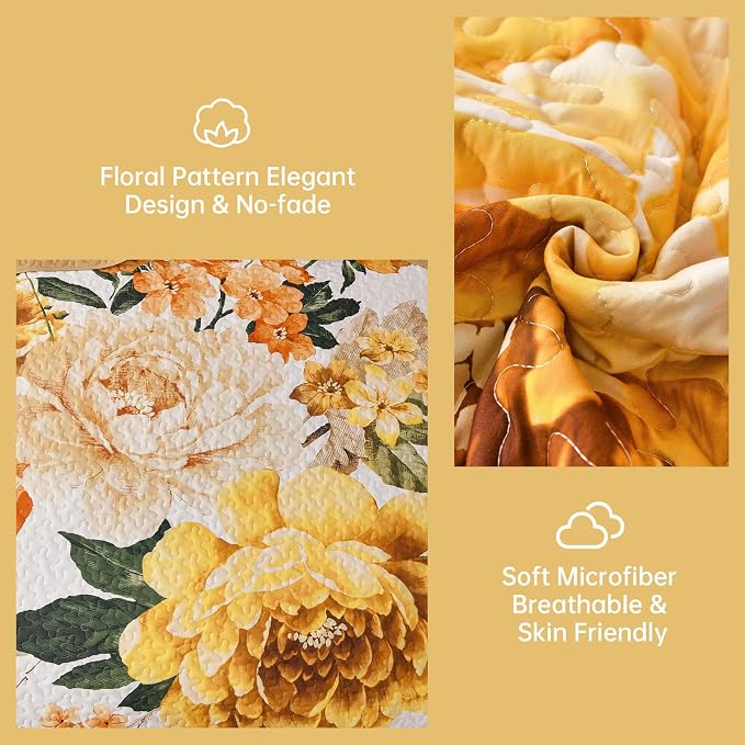WONGS BEDDING Floral Quilt Set Yellow Queen, Quilted Printed Lightweight - Image 4