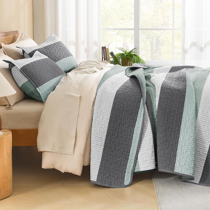 Litanika Oversized Queen Quilt Set Sage Green, 98x98 Stripe Bedspread Coverlet - Image 2