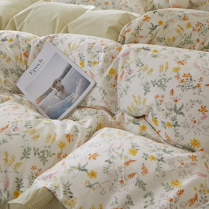 mixinni 100% Cotton Duvet Cover Set Full, Reversible Spring Floral Ruffle Green - Image 7