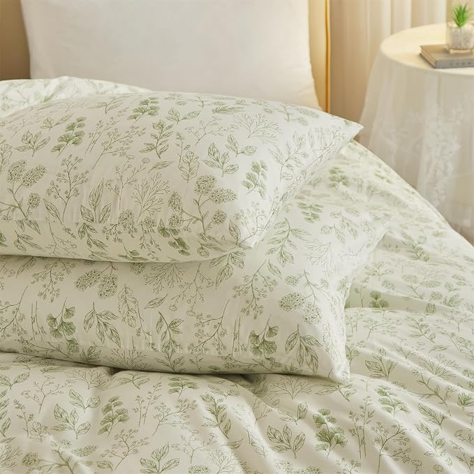 mixinni 3pcs Girls Boho Green Floral Duvet Cover Set King Size Cotton Soft - Image 6