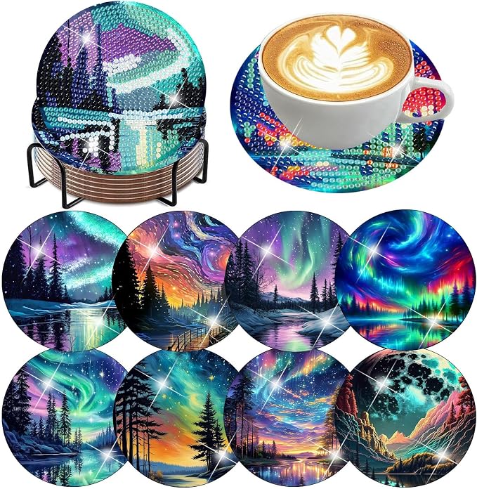 ijbnhd 8 Pcs Aurora Diamond Art Coasters Kits Landscape 4x4 inch | Diamond by ijbnhd