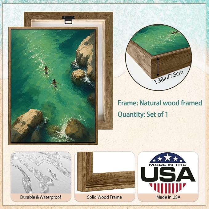 Framed Green Coastal Swim Canvas Wall Art Aerial View of Two Girls Swimming in - Image 4