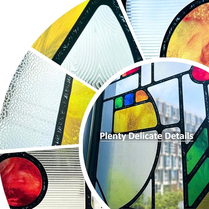 Original Hand Drawn Faux Stained Glass Window Film Double-Sided Texture Static - Image 5