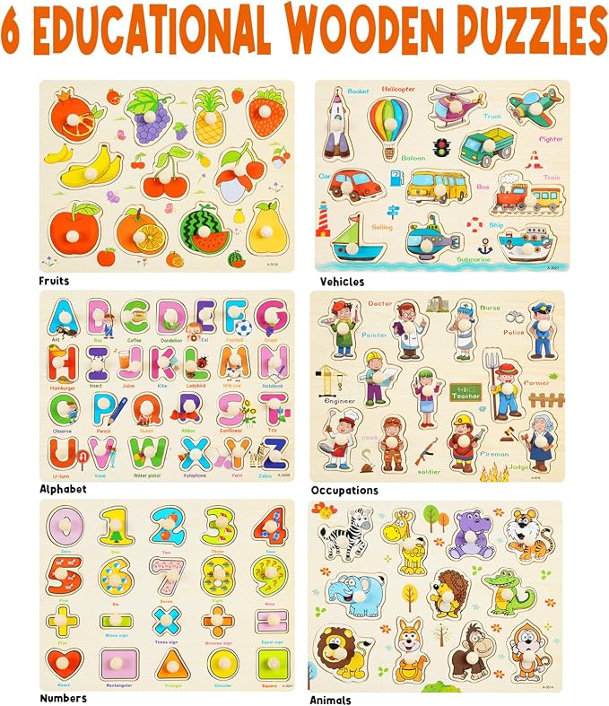 Wooden Peg Puzzles for Toddlers, 6 Pack Toddler Puzzles Set for 3 4 5 Years Old - Image 3