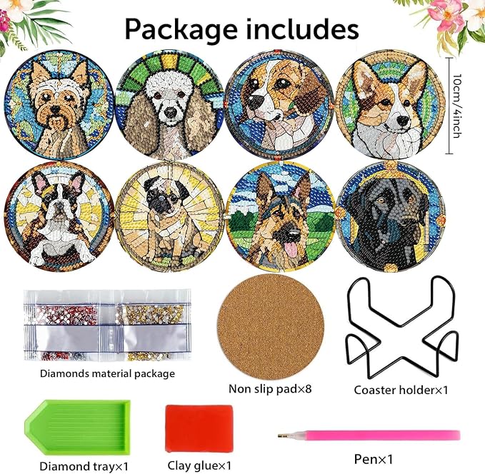 8 Pack Diamond Art Coasters, Dog Animal Diamond Painting Coasters Kits | Dog - Image 2