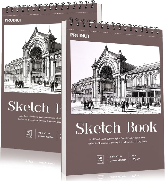 2 Pack Sketch Book 8.5×11 inch, Spiral Sketch Pad 50 Sheets Each, Acid-Free by Prudiut