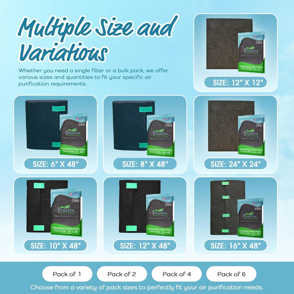 Breathe Naturally Universal Cut To Fit Carbon Activated Air Filter - Replacement Charcoal Filters - Pre Filter Carbon Sheet for Air Purifier, Vent Filters & More - Made in USA (Pack of 1, 6x48)