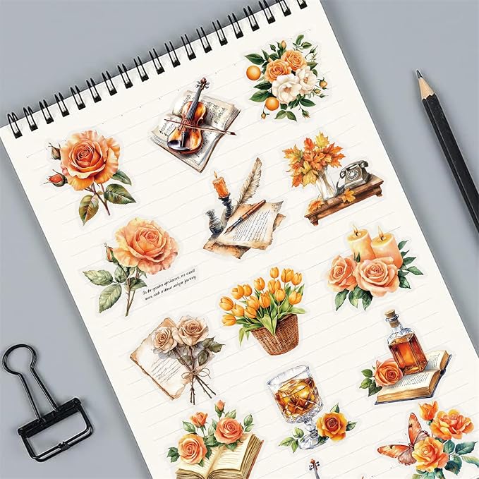 50 Pieces Vintage Orange Rose Floral Transparent Stickers - Image 4