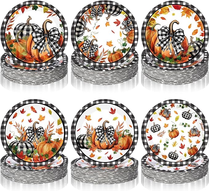 Funnymoom 60 Pcs 7 Inch Fall Pumpkin Paper Plates Thanksgiving Black Buffalo by Funnymoom