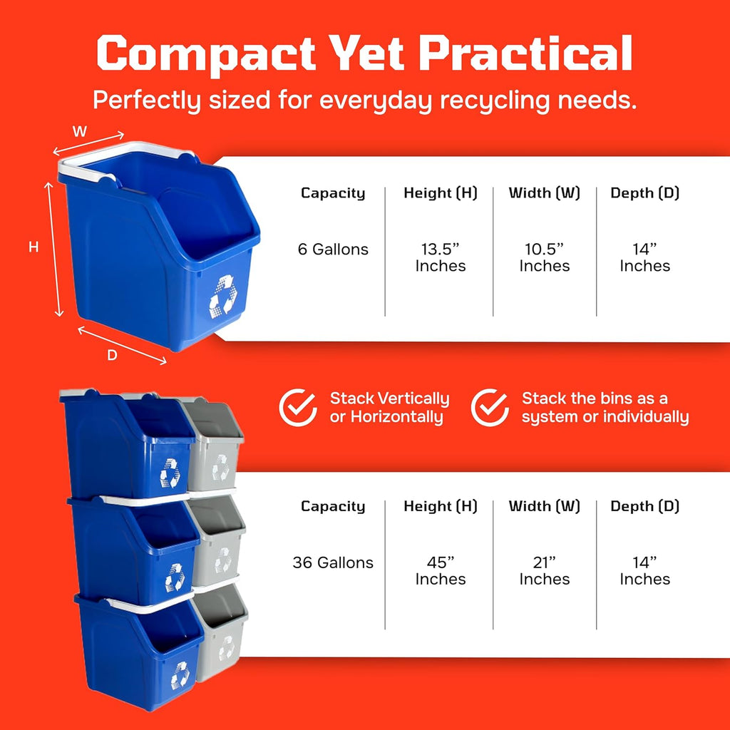 Multi Bin Recycling System with Six Stackable 6 Gallon Recycle Bins to Build Your Recycling Center for Offices, Kitchen, Garages, Businesses - (6 Pack, Blue/Grey)