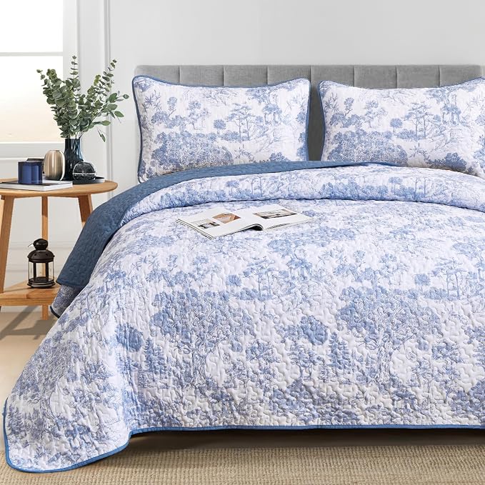 WONGS BEDDING Blue Quilt Set Twin Size, 2 Pieces Botanical Bedspreads Set - Image 7