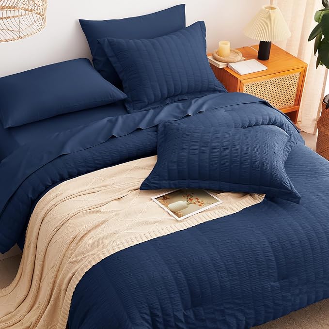 CozyLux Oversized King Comforter Set Navy Blue Seersucker 7 Pieces 120x98 Bed - Image 6