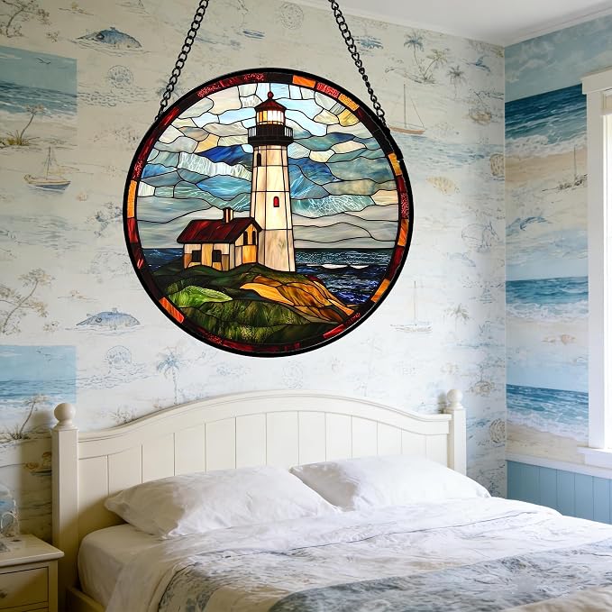 DASTOLL Stained Glass Window Hanging, Ocean Lighthouse Sun Catchers Glass Panel - Image 5