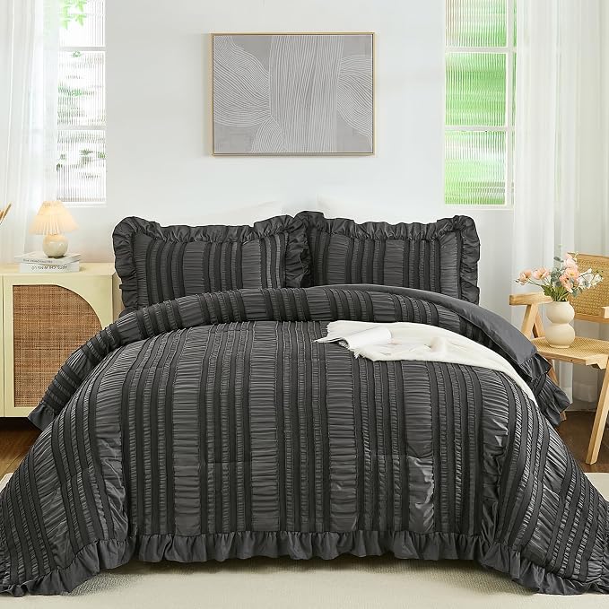 WONGS BEDDING Queen Comforter Set, Dark Grey Boho Comforter Set Queen, Shabby by WONGSBEDDING