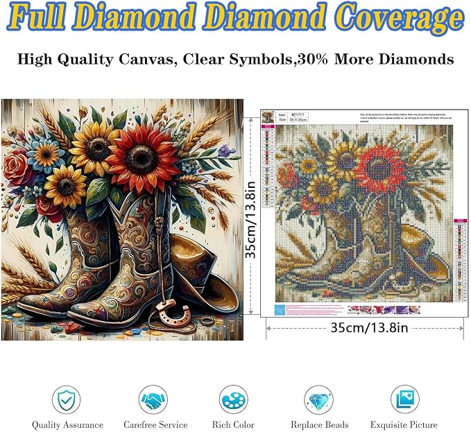 Western Diamond Art Kits for Adults, Full Drill Sunflower Diamond Painting Kits - Image 4