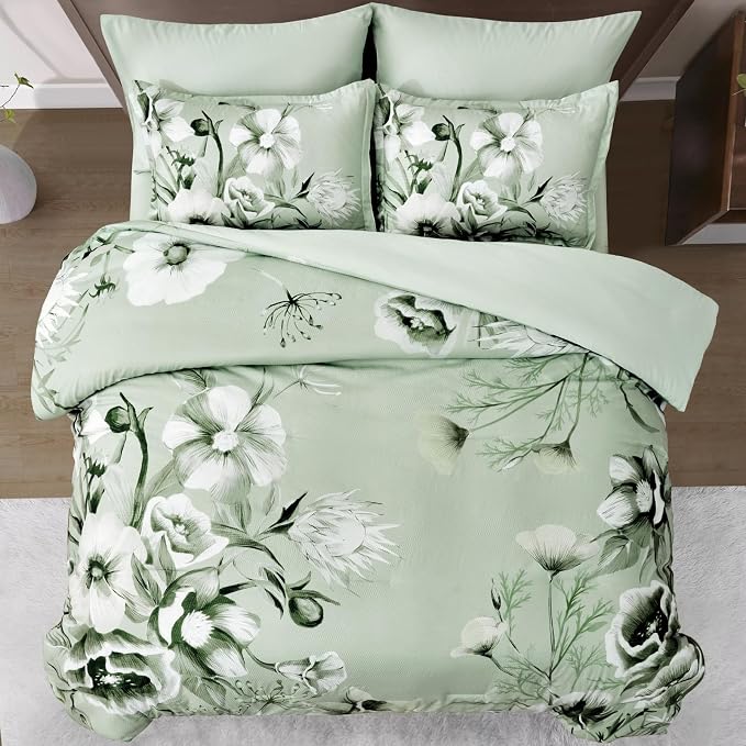Luxudecor Floral Comforter Set Queen Size 7 Piece, Sage Green Flower Bed in a - Image 2