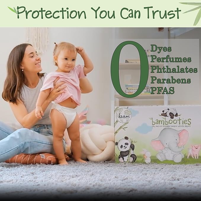 Bamboo Baby Diapers, Totally Chlorine Free for Sensitive Skin for Newborns to XXL. Hypoallergenic & Non Toxic Eco Friendlier Plant-Based Materials. TCF Small Size 1 to 2 (222 ct)