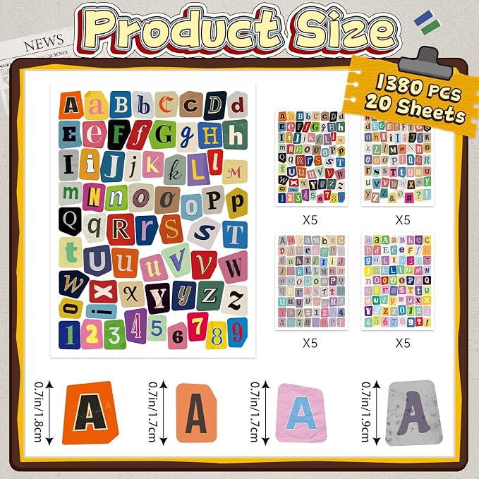 1380 PCS Letter Stickers for Scrapbooking, 20 Sheets Magazine Alphabet Stickers - Image 2