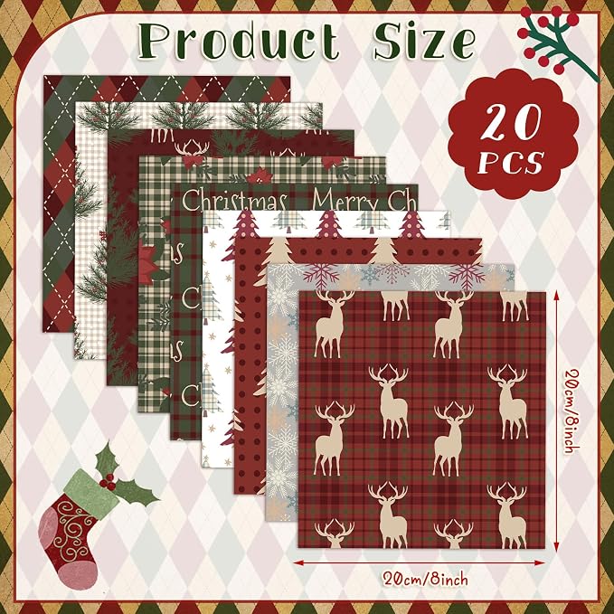 HunnmingRe 20 Pcs 10''x10'' Christmas Woodland Quilting Fabric Square Vintage - Image 2