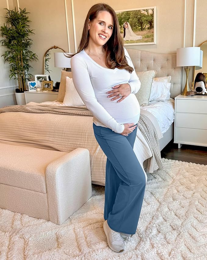 G4Free BareFeel Maternity Dress Yoga Pants Over The Belly Stretchy Work Slack Pregnancy Wide Leg Lounge Trousers
