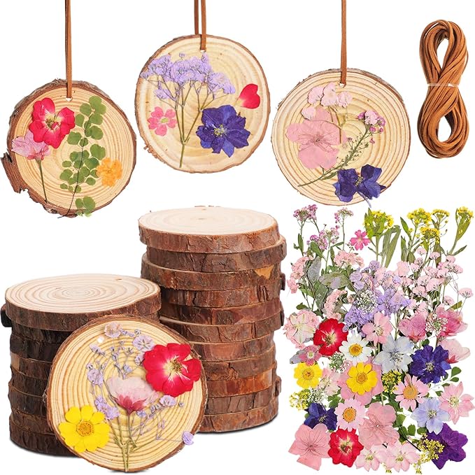 20 Set DIY Wooden Crafts with Dried Pressed Flowers Leaves Unfinished Wood by Unknown