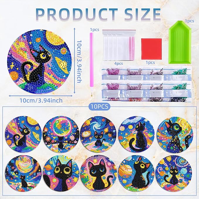 10 PCS Black Cat Diamond Art Coasters Kit - Image 2