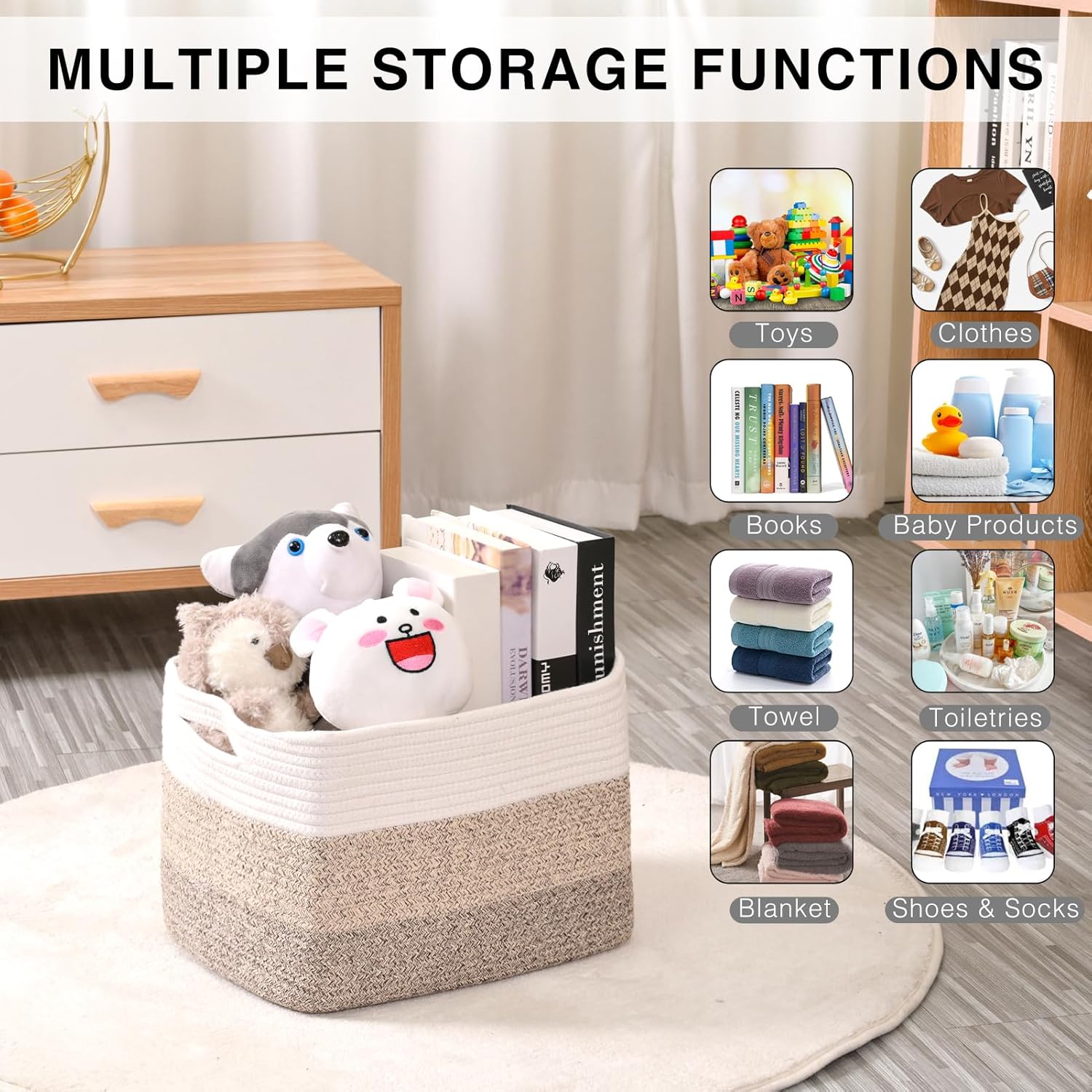 Storage Baskets for Organizing Shelves, Woven Cotton Rope Bins for Baby Nursery Organization, Book Toy Towel Organizer, 15"x11"x9.5", 3 Packs, Gradient Brown