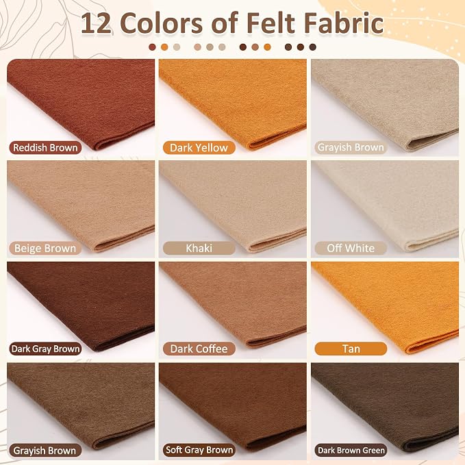 XSEINO 12 Rolls 8"x35" 1.4mm Thick Soft Felt Fabric Sheet 12 Assorted Brown - Image 2