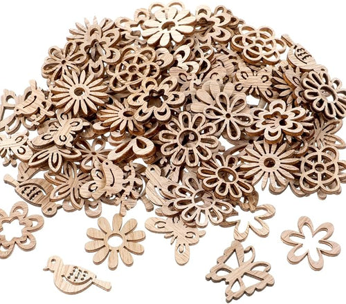 100 PCS Unfinished Wood Crafts Wood Slice Leaf Bird Flowers Butterfly Pattern by Unknown