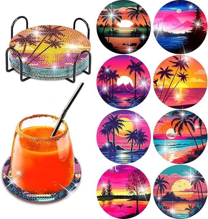 Clendo 8Pcs Diamond Painting Coasters Kits, DIY Landscape Diamond Art Coaster by Clendo