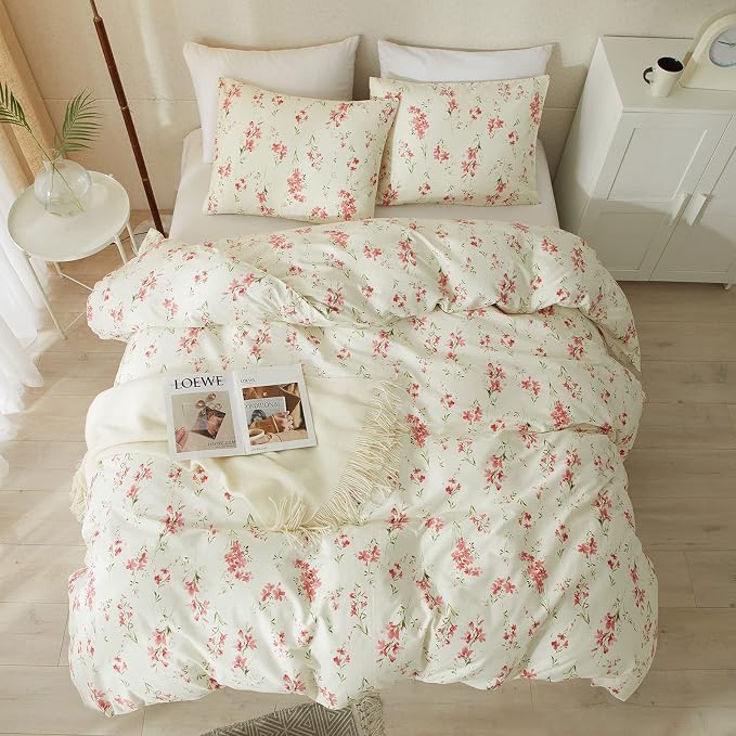 mixinni Boho Red Floral Girl Duvet Cover Set, Soft Cotton Twin Size 3-Piece - Image 5