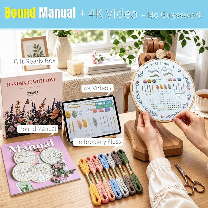 ETSPIL Beginner Embroidery Kit, 4K Video, 4 Floral Patterns, Gift Box | 4 - Image 2