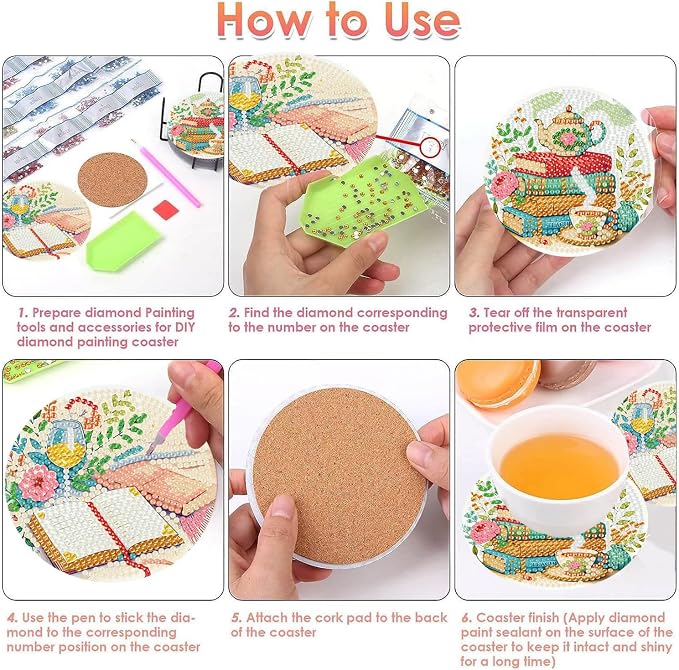 Benjenes 8 PCS Diamond Art Coasters Kits Book Diamond Painting Coaster | - Image 2