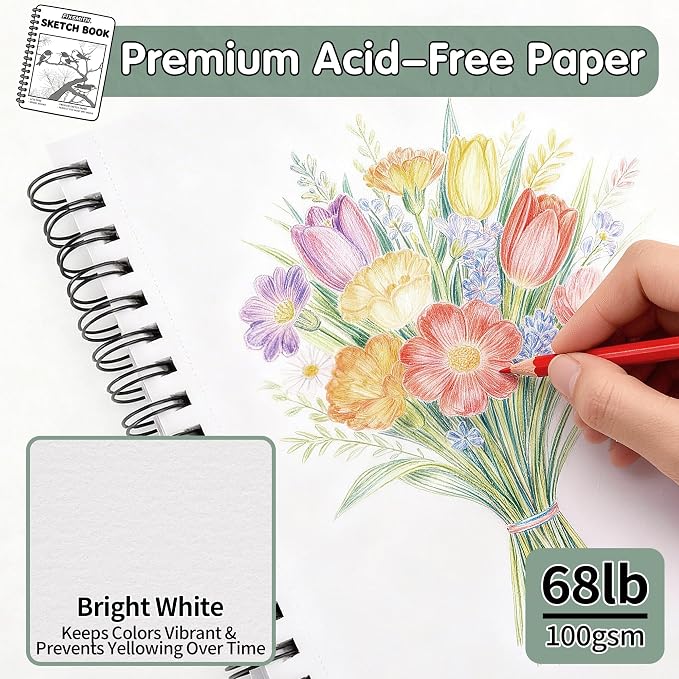FIXSMITH 9"X12" Green Sketch Book, 100 Sheets Spiral Sketchbook, Acid Free - Image 2